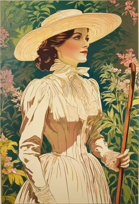 lithograph, multicolor color, delicate outline, lithograph of a woman with a cane, upper body, long hair, brimmed hat, dress, garden background, masterpiece,