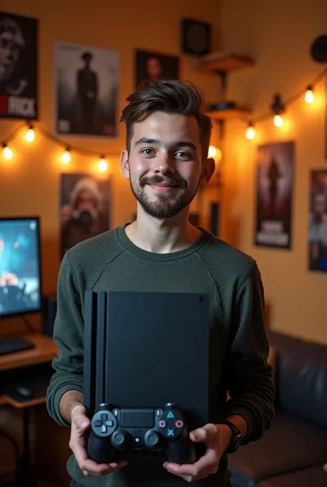 A boy who slowly grows a beard OVER HIS LIP AND HIS AGE IS 16 he is 1.He gets 80 grossLippe, he has a hairstyle similar to Adolf Hitler,take a picture with him and a ps4, he is holding the ps4 in his hand,The boy is  