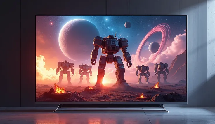 A large LCD TV with side panels，The background is the scene of the universe，There are large planets and nebulae，The TV screen shows scenes of future machine wars，One rushed out from inside.，Some flames and explosions，3D Rendering，Ultra-high quality，Ultra-h...