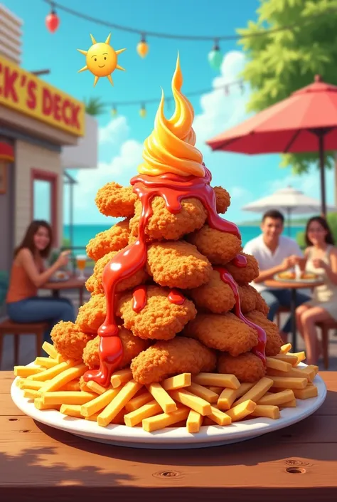 Fried chicken layered on top of a bed of fries with Mayo-ketchup sauce logo for a restaurant named "CHICKENS DECK" Cartoonized or Animated 
More Sauce