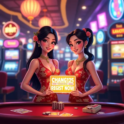 thailand perfect face, a beautiful Real Cartoon two thailand woman holding up a sign "สมัครตอนนี้ CHANG123 REGIST NOW", joyful, happy, photorealistic, casino background, wearing thailand traditional dress, medium breast cleavage, standing behind the poker ...