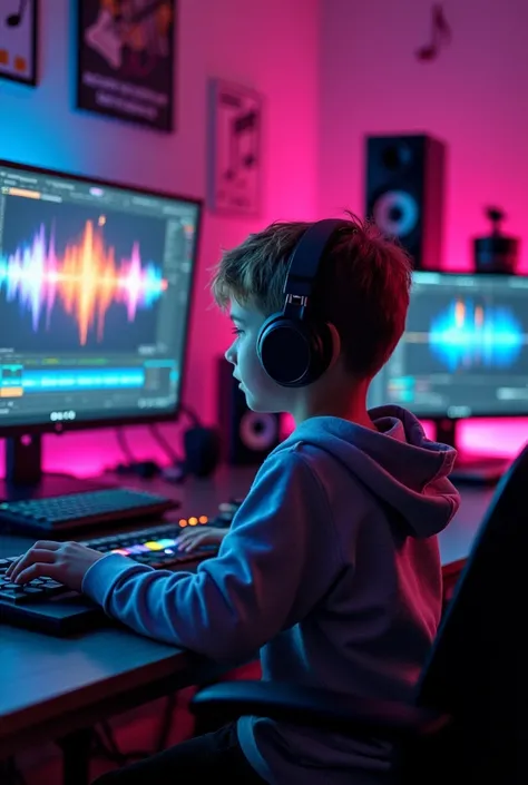 A boy making music in FL studio he is making an electronic dance music track fully professional and attractive sitting next to his computer and studio speakers 