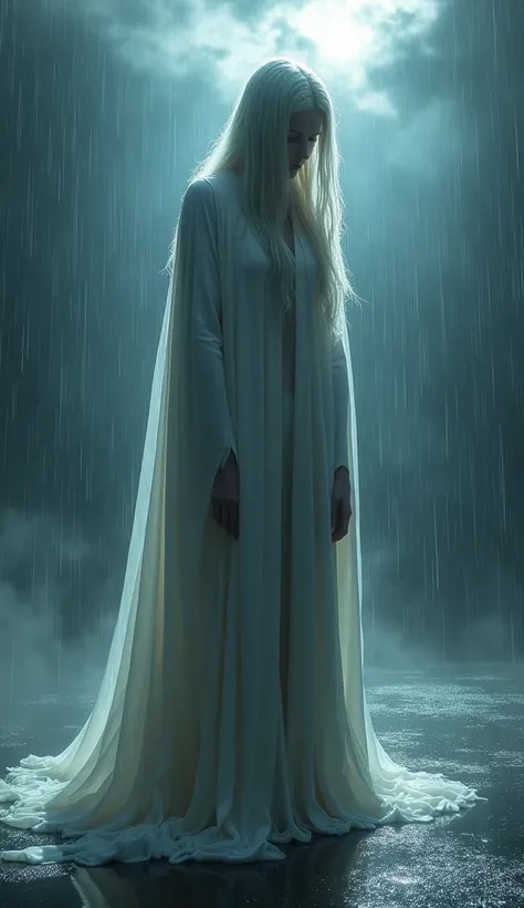 a thick milky heavy female delta ghost in heavy white robes ,sheet in rain , Best quality, Ultra detailed, UNREAL ENGINE 5.4 