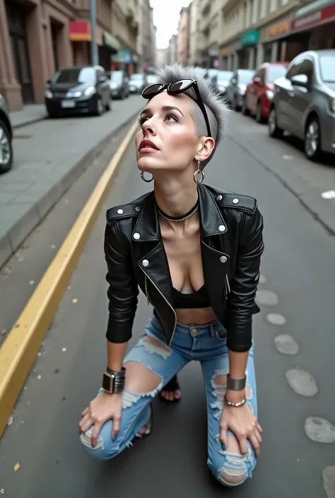 russian milf woman, grey hair (pompadour with shaved sides)!and sunglasses as headband (big maxi glasses), with very light blue eyes, extremely pale. Wearing cropped black moto jacket, black bra, skinny dark blue jeans with worn and dirty knees,  and point...