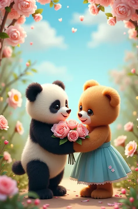 Panda and teddy bear is getting married together and panda is holding an flower bouquet and teddy is wearing an blue dress.