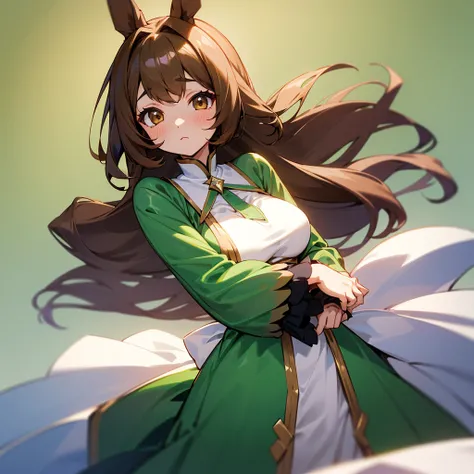 Satono Diamond、Uma Musume、A beautiful girl with voluptuous breasts, wearing a luxurious long-sleeved dress that is green all over.。A large white ribbon on the back of the head。Hide your hands in your sleeves。Brown hair and brown eyes。has horse ears