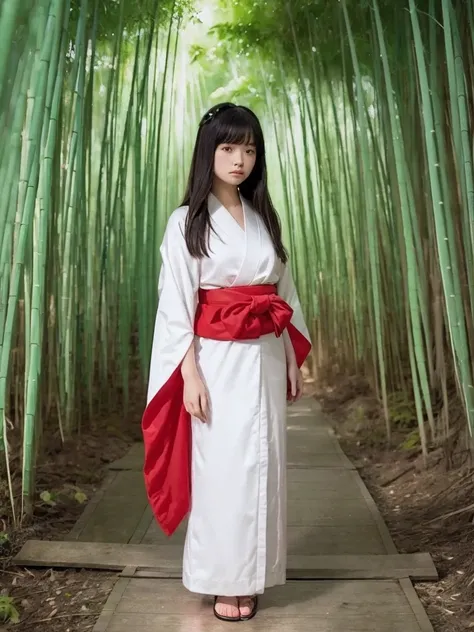 standing in the bamboo forest, moonlight shines in, a woman of silence and mystique, alone, bangs, (shrine maiden), (white kimon...