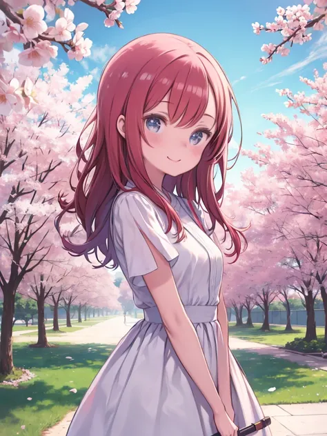 , On campus, cherry blossoms, Simple canvas style painting style), (Bright and fresh color matching), (A shy smile, Nature behind the handle), (Mid-spring, 通りの両側には見事なcherry blossoms並木が) (Beautiful blue sky and white clouds, Soft and colorful, sunlight), Si...