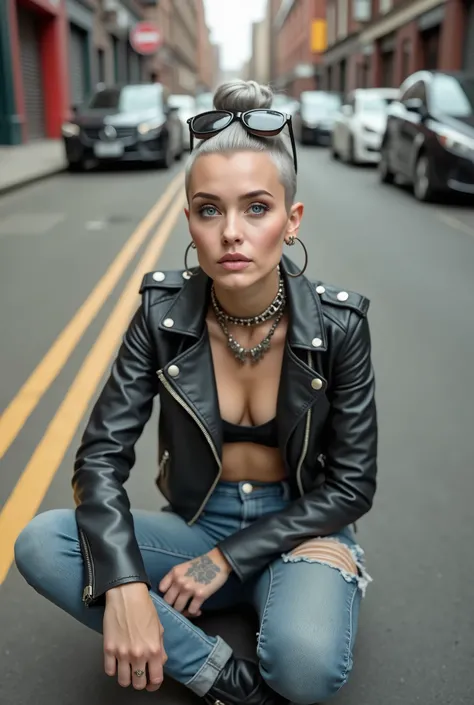 russian old milf woman, grey hair (huge top bun with shaved sides) and sunglasses as headband (big maxi glasses), with very light blue eyes, extremely pale. Wearing cropped black moto jacket, zippers,  black bra, skinny dark blue jeans (worn and dirty knee...