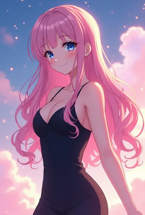 Girl with long wavy pastel pink hair, Blue eye color, Pale skin tone, , Light makeup,Curvy body, Wearing a tight black dress, Ultra HD,anime