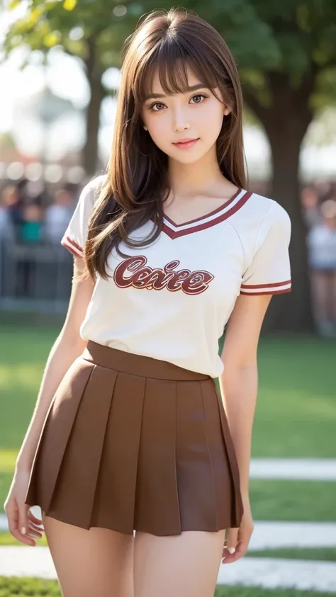 masterpiece, Highest quality, Very detailed, High resolution, (Realistic, photoRealistic:1.37), Excellent anatomy, One beautiful woman,front,Knee-deep shots,Focus on the skirt and thighs.,A small smile, cheer leading, Cheerleader uniform, (shape), Micro Pl...