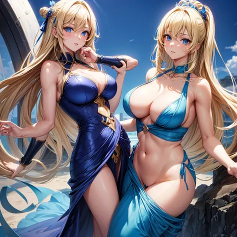 An anime woman with an attractive body, blonde hair and blue eyes, large breasts and a wide waist wearing a blue dress. 