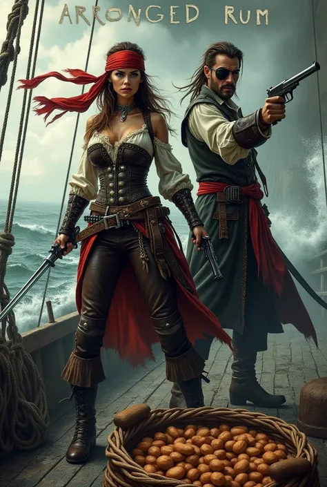 A female pirate with a male pirate on a combative ship with pistols and a saber and a basket with honey tonka beans
And a text written at the top of the image
ARRANGED RUM and text written at the bottom of the image
THIS IS NOT FOR ANGELS!