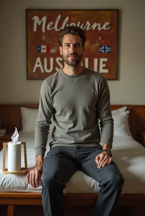 Homme caucasien grand de taille, charmant, un peu costaud, habillé en pantalon et tee-shirt manche longue, assis ou adossé sur une table dans une grande chambre dhôtel, sur la table quil y ait également un papier mouchoir déjà utilisé sur la table et sur l...