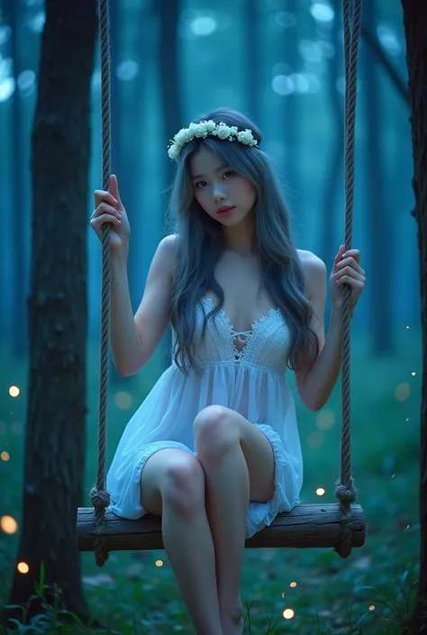 (wide shot, whole body shot), A beautiful korean girl, 20 years old, kpop style, ash grey long wavy hair, white flower headband, blue eyes, sexy body, long legs, wide thigh gap, sexy butt, sitting front view on rotten wood swing inside a quiet mystical ill...