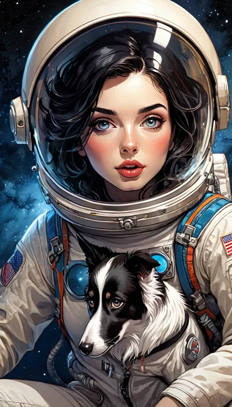 sexy astronaut girl and border collie dog, astronaut, on the ground sitting in front of his spaceship, stars, magic,(best quality, 4k, 8k, high resolution, masterpiece: 1.2), ultra-detailed, (realistic, photorealistic, photorealistic : 1.37), intricate det...