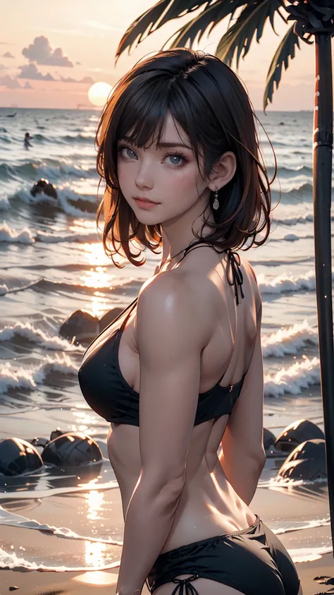 masterpiece, Highest quality, Very detailed, figure,, Hanekawa Short Hair, One person, whole body, , Iris, Multicolored Hair, Black Hair, Gray Hair,, Swimwear,, Detailed Background, mksts style, Beach, sunset,