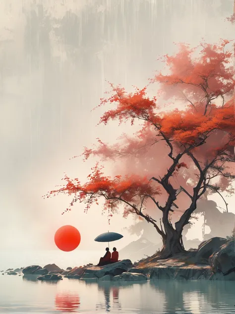 Minimalist composition red sun with black man sitting on it mirror reflection of tree and water surface, surrealism, clean background, in the style of cinema4d rendering, high resolution photography, dream scene, minimalist sculpture art installation