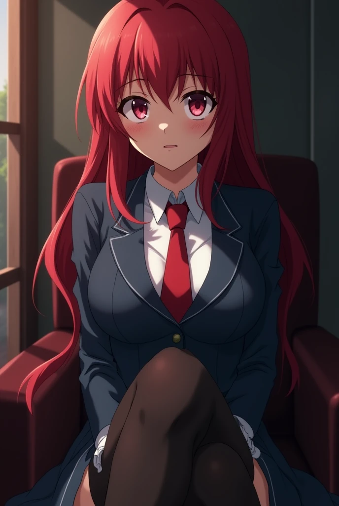 Red haired, anime, 19 years old, school uniform, medium chest, mischevious evil smile, sitting, legs crossed, camera from below, dim-lit room, powerful-looking.