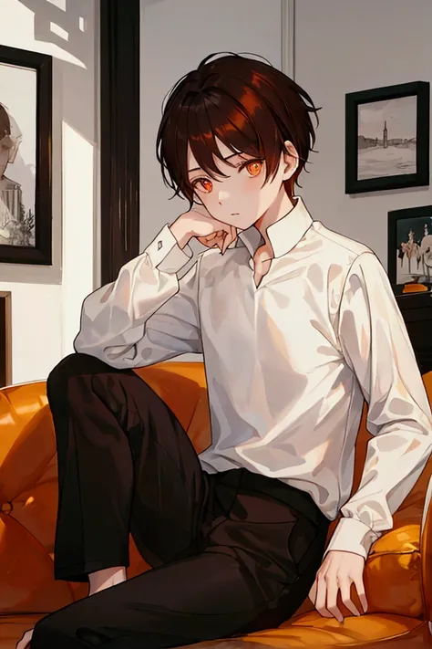 A boy In a white long-sleeved round-necked shirt and black trousers , brown hair and orange eyes, Sitting in the living room.