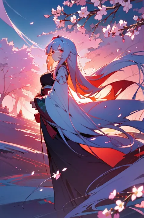 a 15-18 year old anime girl with long white hair, big beautiful and detailed red eyes, cherry blossom landscape, evening, vibrant colors, cinematic lighting, (best quality,4k,8k,highres,masterpiece:1.2),(),intricate,digital art