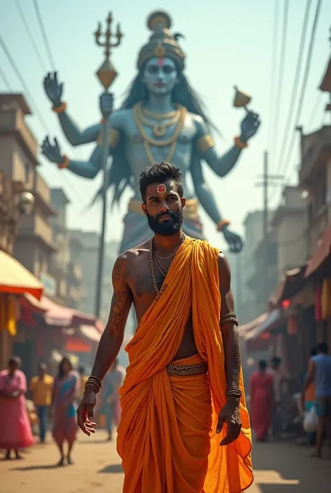 In modern world in Vrindavan city. A young India modern man, with four hands and wearing long kurta with tensed face, with lord Krishna shadow in background.