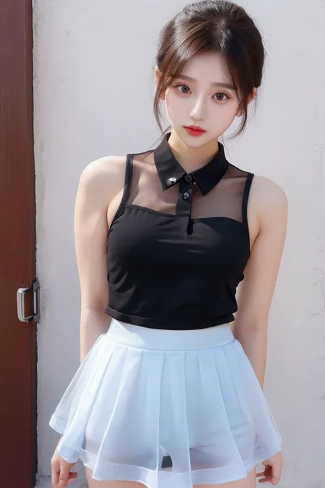 young girl wear officer uniform, transparent tank top, mini skirt