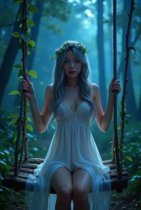 (wide shot, whole body shot), A beautiful korean girl, 20 years old, kpop style, ash grey long wavy hair, white flower headband, blue eyes, sexy body, long legs, wide thigh gap, sexy butt, sitting front view on rotten wood swing inside a quiet mystical ill...