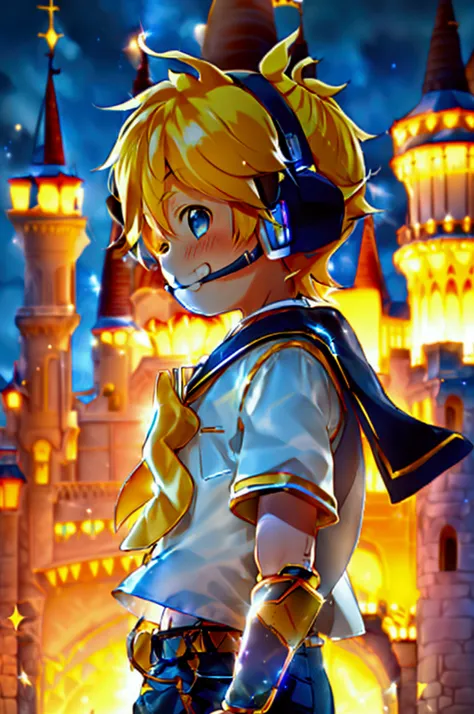 1 boy, (male child), 10 year old, (kagamine len), cute, cowboy shot, earphone, sailor uniform, collar tie, shorts, grin, happily...