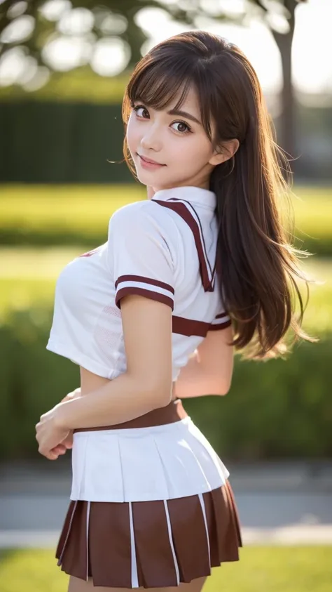 masterpiece, Highest quality, Very detailed, High resolution, (Realistic, photoRealistic:1.37), Excellent anatomy, One beautiful woman,front,Knee-deep shots,Focus on the skirt and thighs.,A small smile, cheer leading, Cheerleader uniform, (shape), Micro Pl...