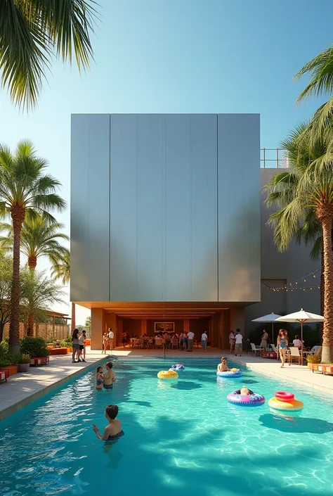 A rectangular Windowless building. Modern style. overhead door. connect pool party area.
