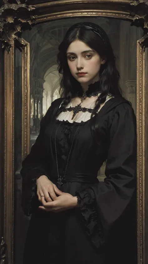 Pre-Raphaelites, black dress, death, rose in hands, gothic atmosphere, dark, gloomy, cathedral background, oil painting, medieval