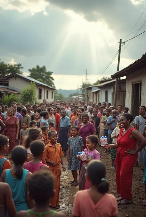 An inspiring scene of a diverse community coming together after a natural disaster, such as a flood or earthquake. The image should depict people of all ages and backgrounds working in harmony to rebuild homes, distribute supplies, and provide comfort to e...