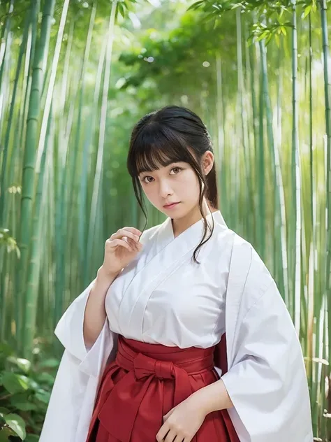 Standing in the bamboo forest, Moonlight shines in, A woman of silence and mystique, alone, bangs, (Shrine maiden), (White), (Red Hakama Skirt), Upper Body