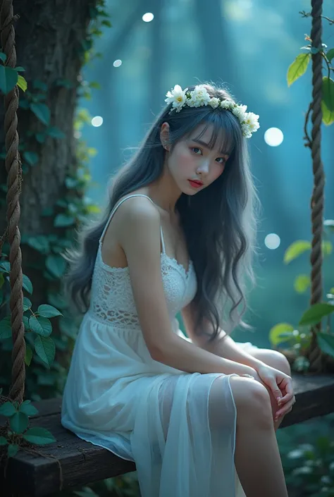 (wide shot, whole body shot), A beautiful korean girl, 20 years old, kpop style, ash grey long wavy hair, white flower headband, blue eyes, sexy body, long legs, wide thigh gap, silver titanium necklace with heart liontin, sitting back view lift the leg on...