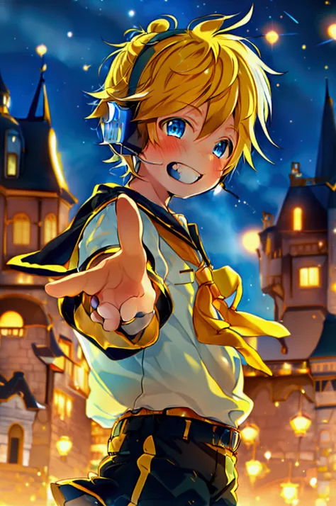 1 boy, (male child), 10 year old, (kagamine len), cute, cowboy shot, earphone, sailor uniform, collar tie, shorts, grin, happily...