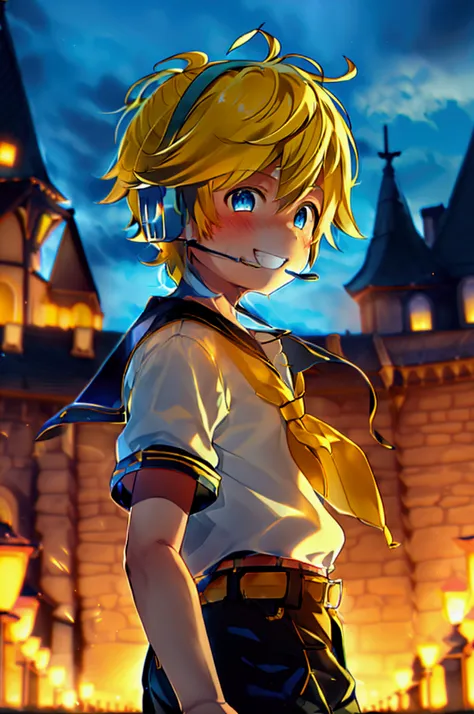 1 boy, (male child), 10 year old, (kagamine len), cute, cowboy shot, earphone, sailor uniform, collar tie, shorts, grin, happily...