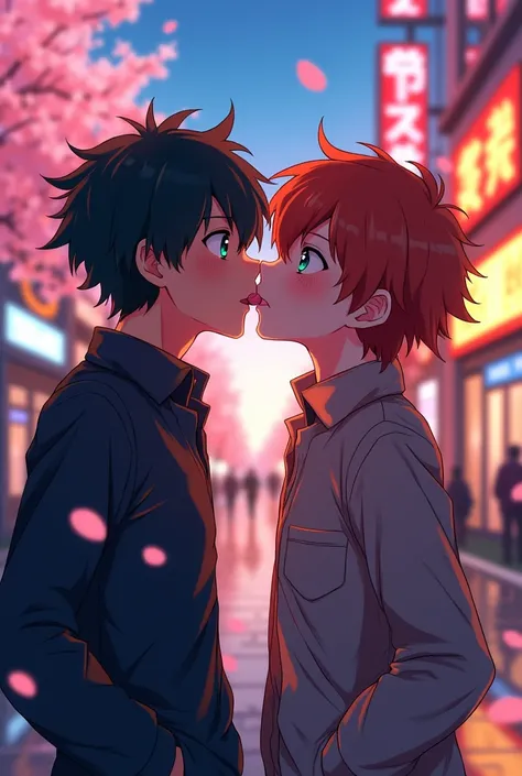 Two men kissing with tongues. Anime image.