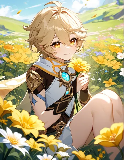 aether (genshin impact) sitting in a field of flowers, smile, day, he hands you a flower, intricate details, high resolution, pe...