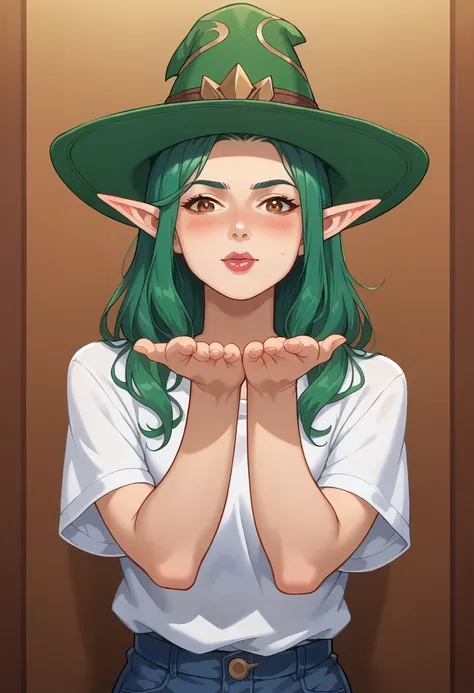 master piece, girl with green hair and a green hat standing in a room, splash art, style artgerm, elf girl, range murata and art...