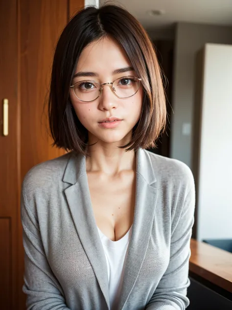 Top Quality, A beautiful, short-haired woman with an intelligent and sophisticated look, laugh, wearing stylish eyeglasses that accentuate her sharp, inquisitive eyes. Her hair is neatly styled in a modern, short cut that complements her facial features, g...