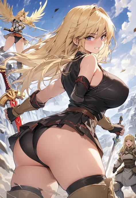 Ultra-high definition image quality、beautiful girl、Female Swordsman、Light armor、Greeboots、Long Hair、blonde、20-year-old、intimidating face、Very short tight skirt、Cowgirl、wilderness、Highest quality,Big Ass、Big Breasts、Thighs、Holy Sword Excalibur、Black panties...