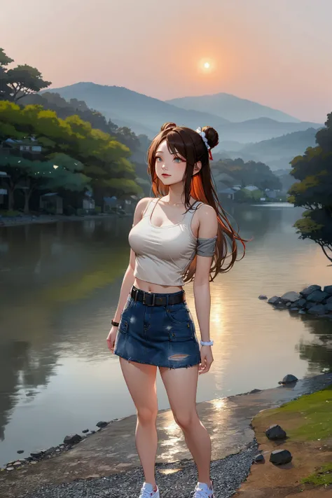 realistic anime illustration of beautiful young woman in black long hair with bun on her head, she is posing near lake on sunset time, forest and mountain on background, wears light-gray mini sleeve t-shirt, dark prussian-blue denim pencil mini skirt with ...