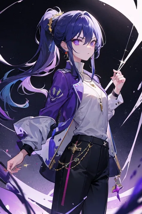 High neck shirt, loose full sleeves jacket, amethyst crystal locket, long pants,long boots, dark blue hair, bangs, crossed bangs, hair between eyes, long hair, ponytail, very long hair, wavy hair, high ponytail, star-shaped pupils, eye reflection, glowing ...