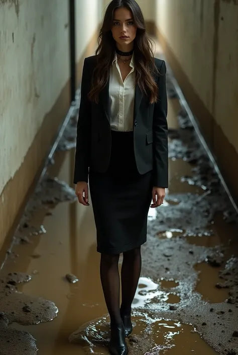 A captivating and color photo of only one business lady, exuding a slender, model-like appearance with long hair. She dressed in black business clothes only made from cotton fabric: black business pencil skirt below knees length, black dirty business jacke...