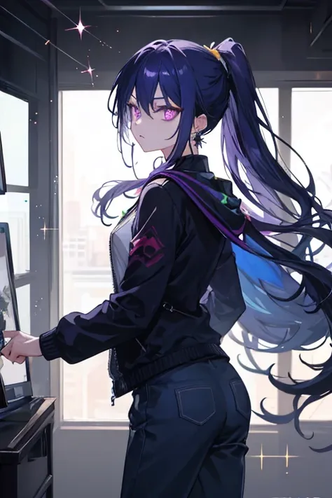 High neck shirt, loose full sleeves jacket, amethyst crystal locket, long pants,long boots, dark blue hair, bangs, crossed bangs, hair between eyes, long hair, ponytail, very long hair, wavy hair, high ponytail, star-shaped pupils, eye reflection, glowing ...