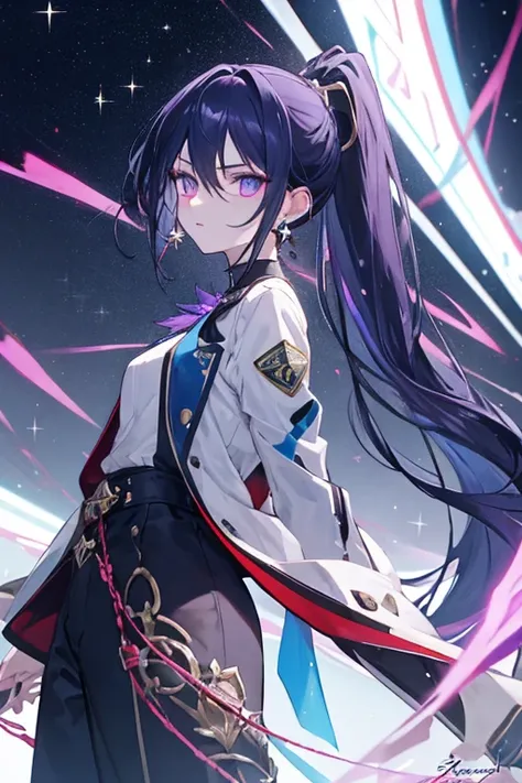 High neck shirt, loose full sleeves jacket, amethyst crystal locket, long pants,long boots, dark blue hair, bangs, crossed bangs, hair between eyes, long hair, ponytail, very long hair, wavy hair, high ponytail, star-shaped pupils, eye reflection, glowing ...