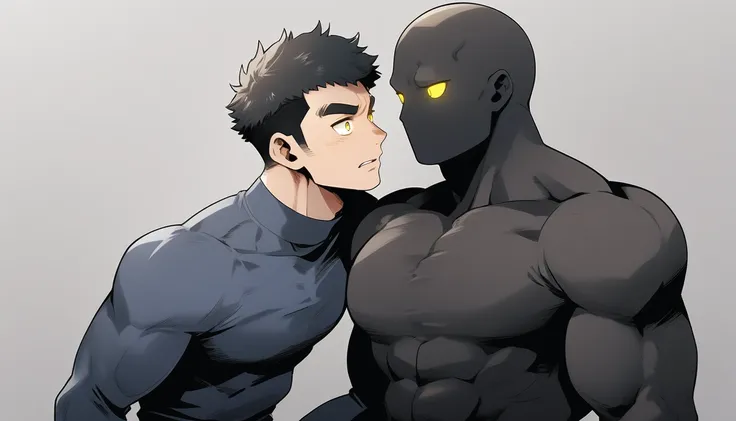 anime characters：two superheroes in tights, muscle sports student and muscle no face skinhead superhero, no face, negro black sk...