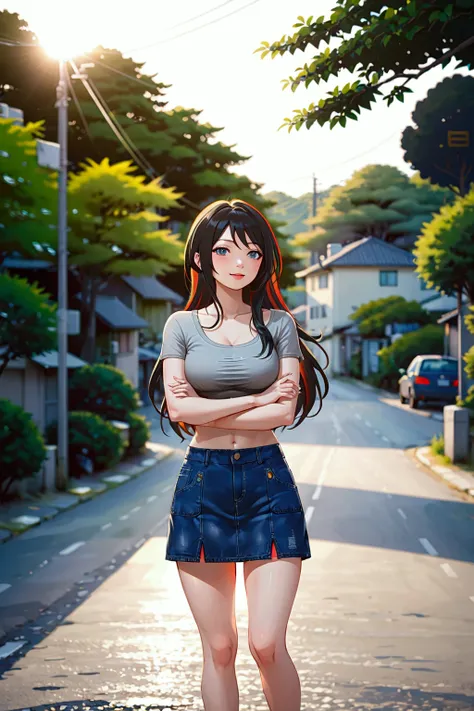 realistic anime illustration of beautiful smiling young woman  is posing and crossing her arms at the village s road on sunset time, more trees along the road, she is black long hair, wears gray mini sleeve t-shirt, dark prussian-blue denim cargo pencil mi...