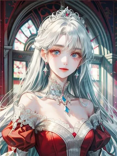 Princess in red dress、white hair、light blue、palace、pretty girl、beautiful、shine、droopy eyeole、ｍore、transparency、detailed face、（High quality）、long hair、smile、in villainess